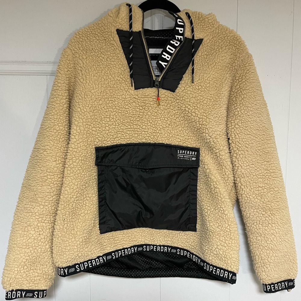 Superdry Beige Sherpa Hoodie with Black Accents